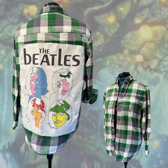 The Beatles Upcycled Flannel | Oversized Women’s Band Shirt | One-of-a-Kind - Picture 1 of 4